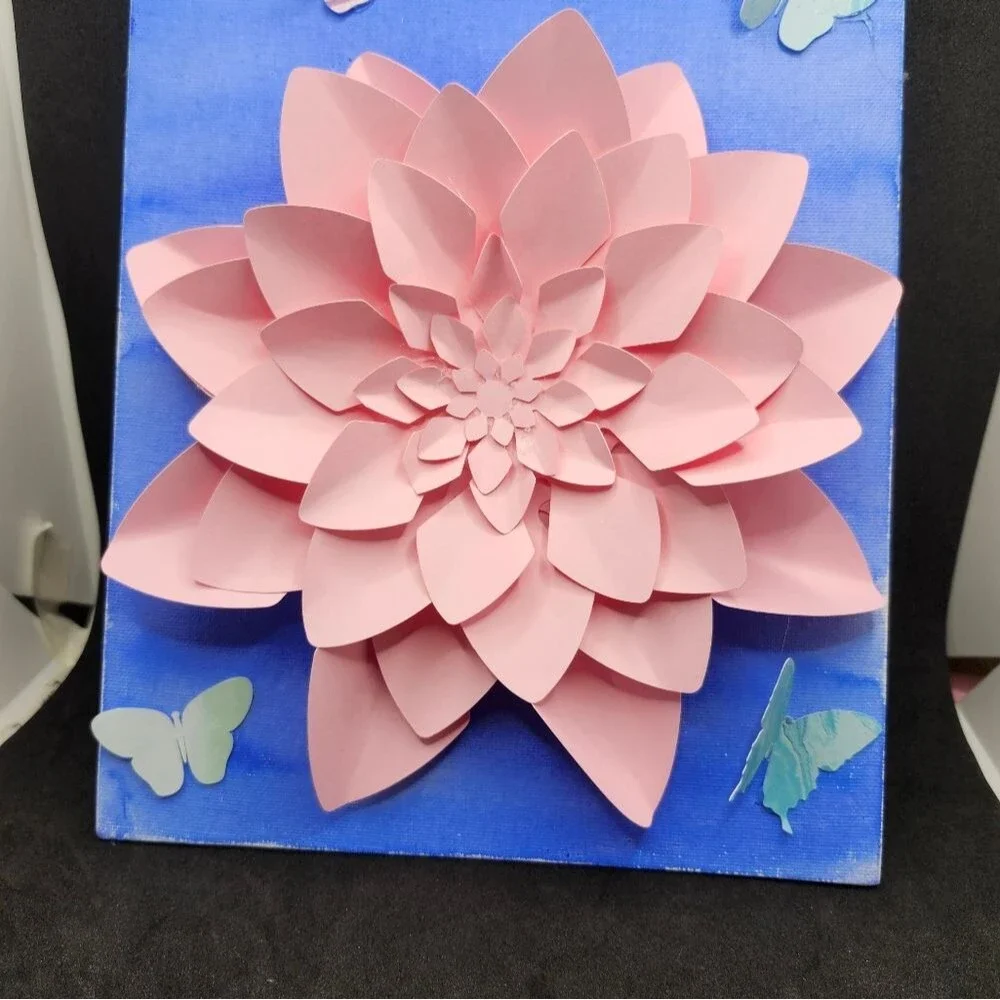 Hand Crafted 3-D Art Dahlia Canvas Floral Pink Mixed Media 8x10 inch